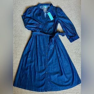 Draper James Sz 6 Puff Sleeve Chambray Denim Button Front Belted w/ pockets. NWT